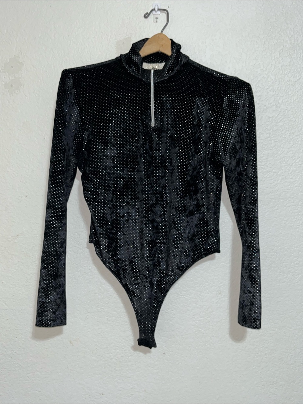 Vintage 90's Cache Black Velvet Rhinestone Long Sleeve Bodysuit